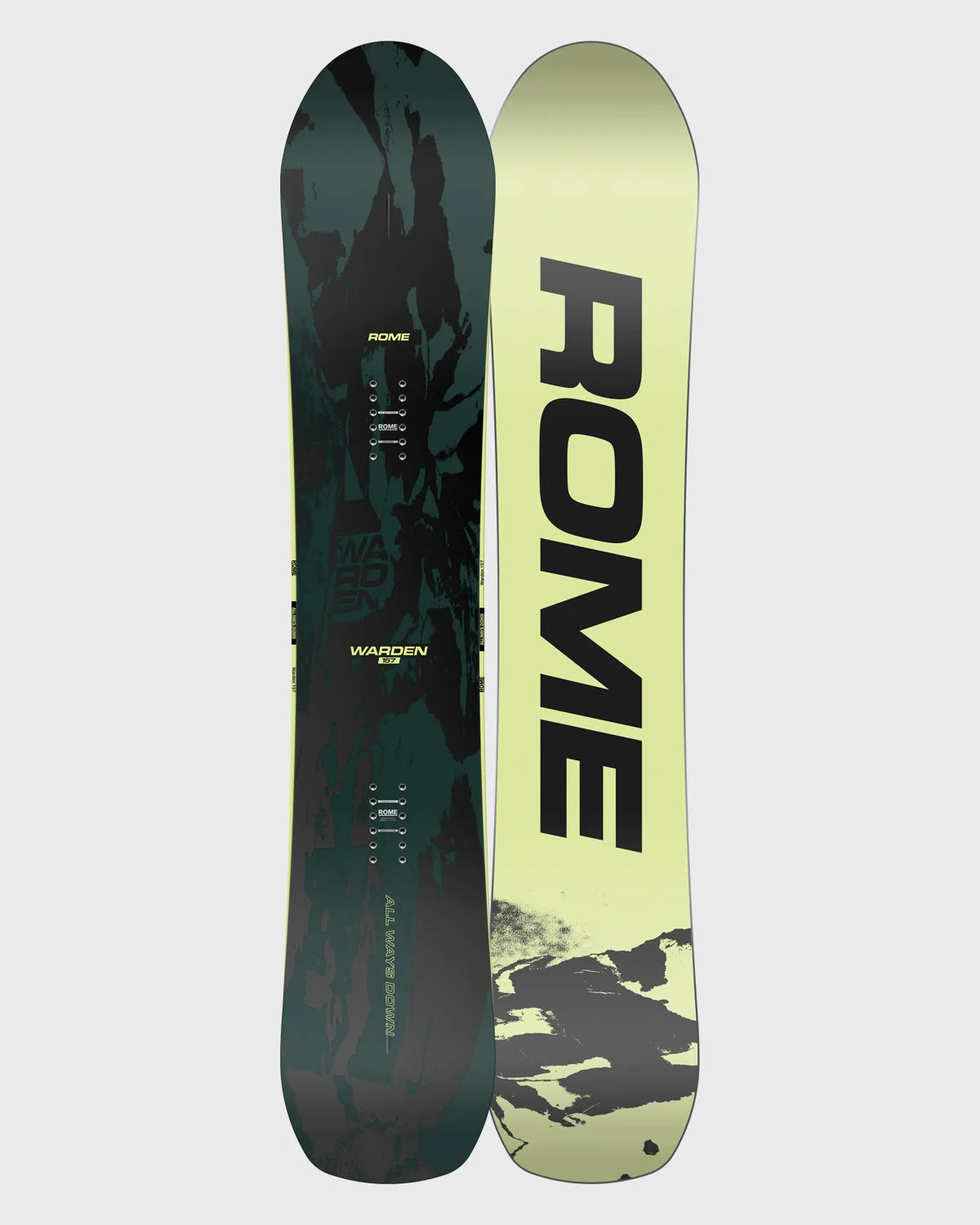 Rome Warden Snowboard 2026/2027 mit dunkelgrüner Oberseite und hellgelber Unterseite mit schwarzem ROME-Schriftzug